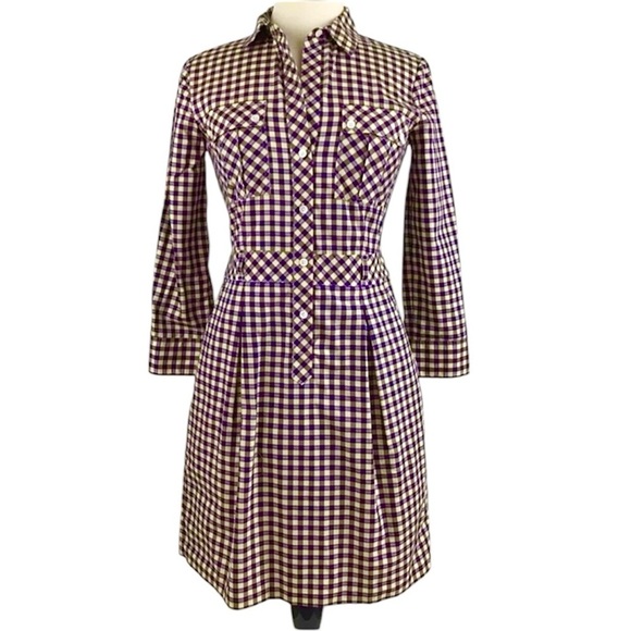 Theory Womens Lidiya Shirt Dress Size 4 Purple Yellow Plaid Pockets Button Down - Picture 1 of 14